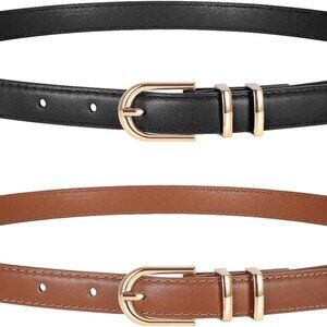 Women Skinny Faux Leather Belts 2 Pack Gold Buckle for Jeans Pants Stylish